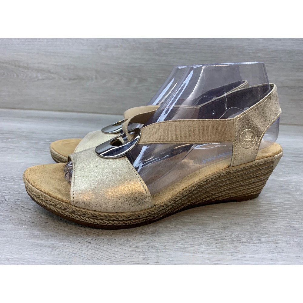 Rieker Antistress Women's Gold Metallic Elastic Wedge Sandals Size 39 EU 8 US - Picture 3 of 12